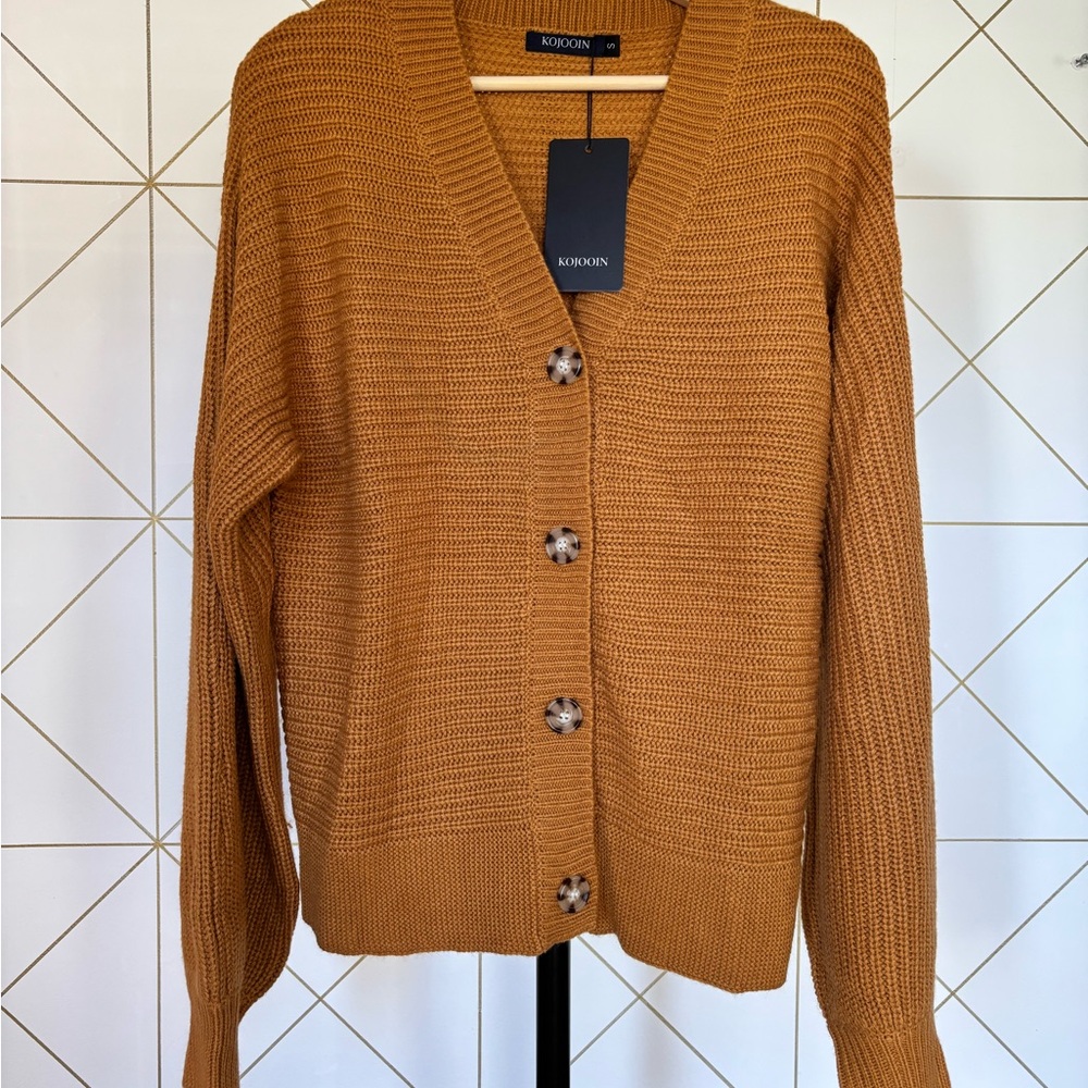 KOOJOON Light Brown Button-Front V-Neck Knit Cardigan NWT